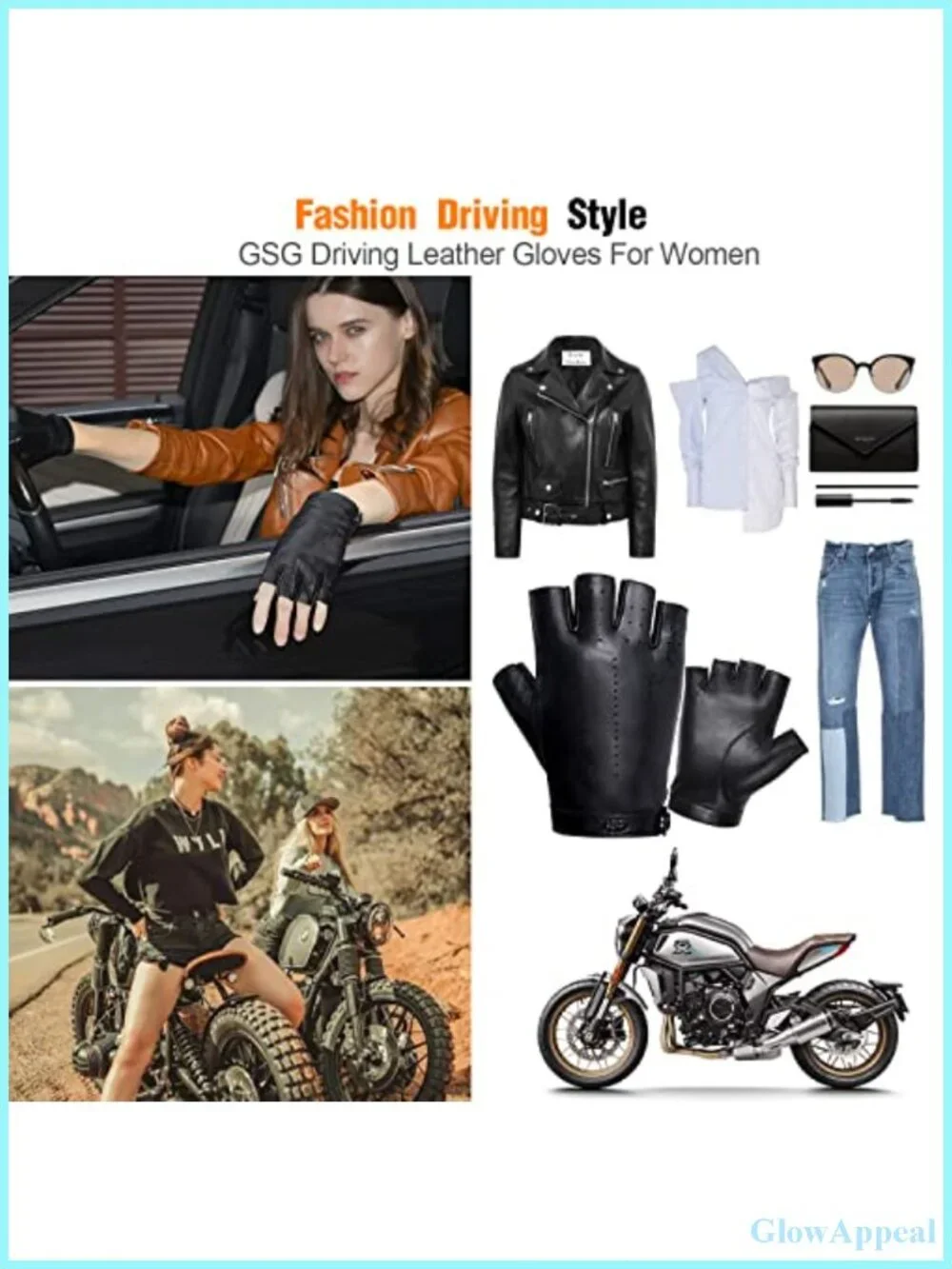 Fingerless Driving Gloves - Genuine Sheepskin Leather, Unlined, Motorcycle Biker